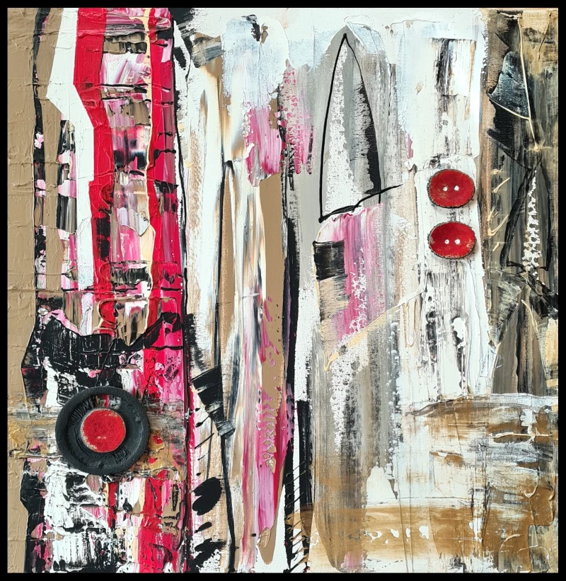 Original Acrylbild mit handgetöpferter Raku Keramik